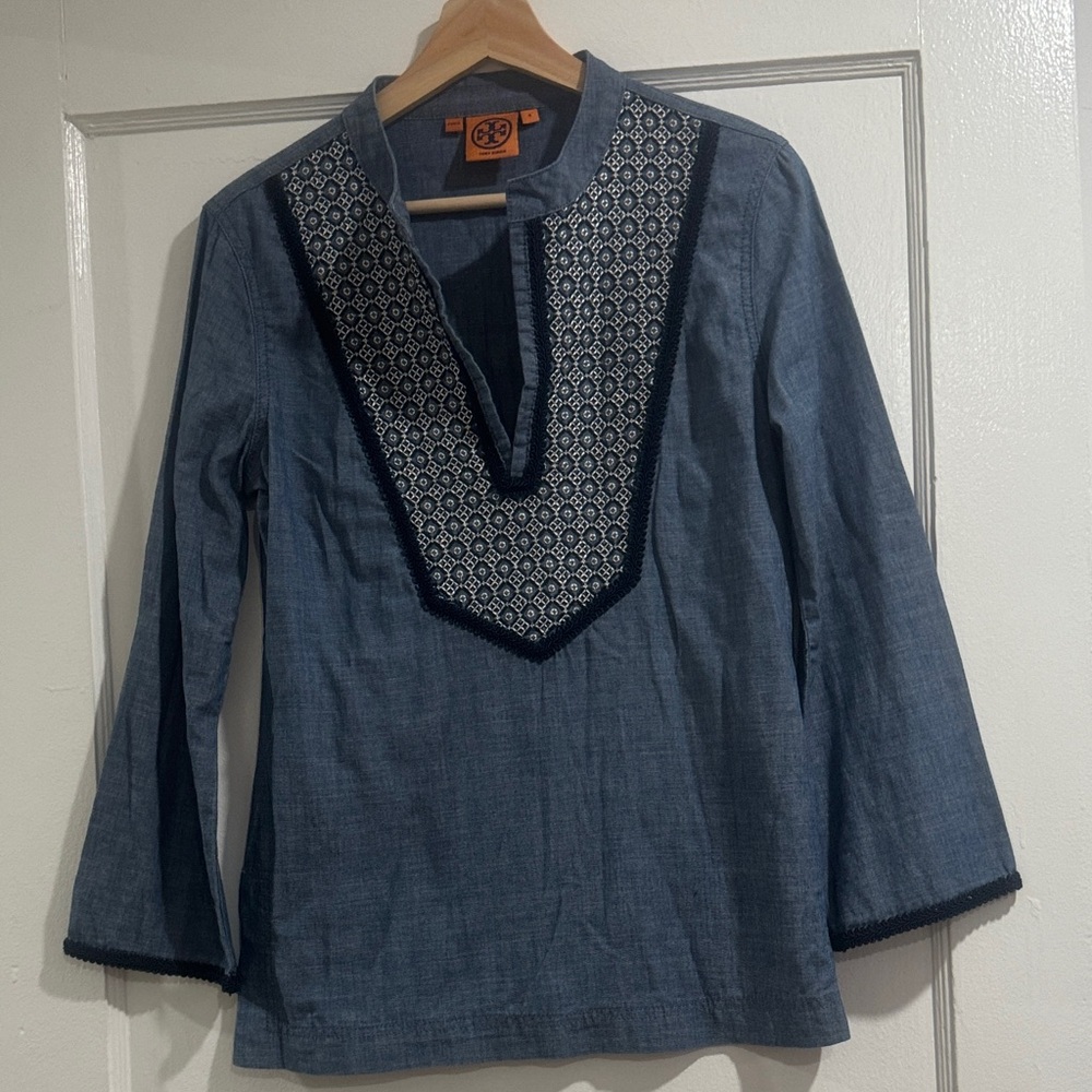 Tory Burch Denim Blue Top with Embroidered Detail